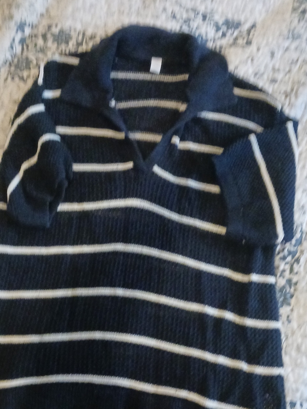 Old Navy Navy and White Striped V-Neck Shawl Collar Sweater